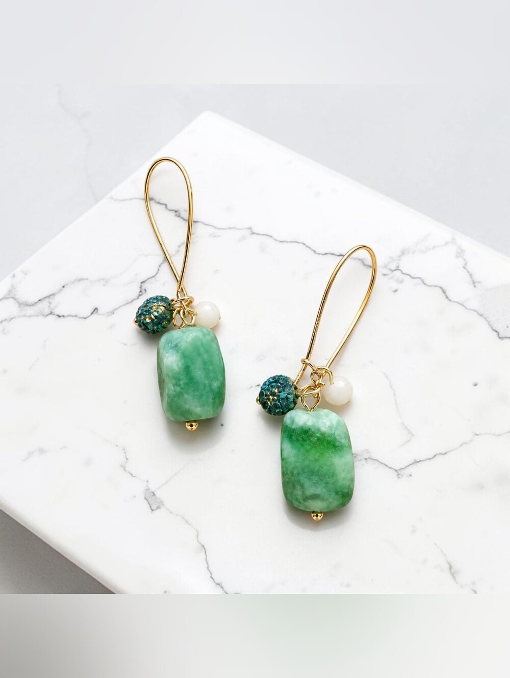 NWT C. Est. 1946 Green Jade, Quartz, & Teal Bead Gold Tone Drop Earrings
